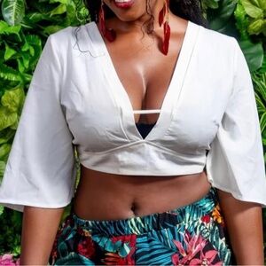 White V-Neck Crop Top - Women's Stylish Short Sleeve